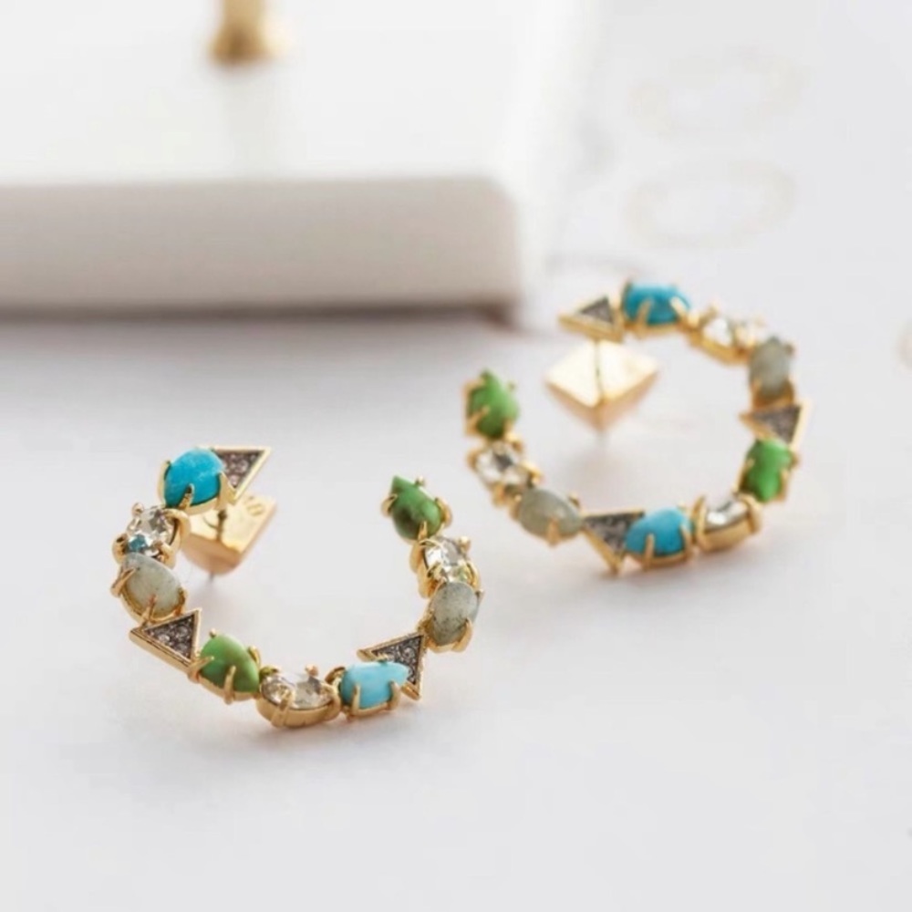 ALEXIS BITTAR• Gold Blue Green Multi-Stone Labradorite Turquoise Coiled Earrings - Picture 11 of 14